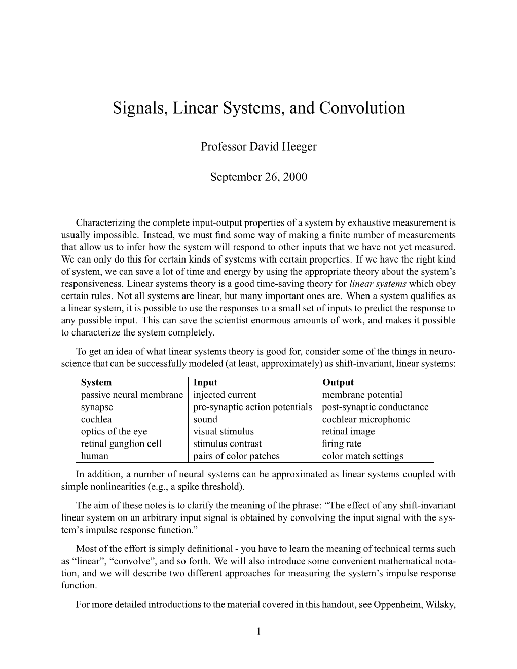 Signals, Linear Systems, and Convolution