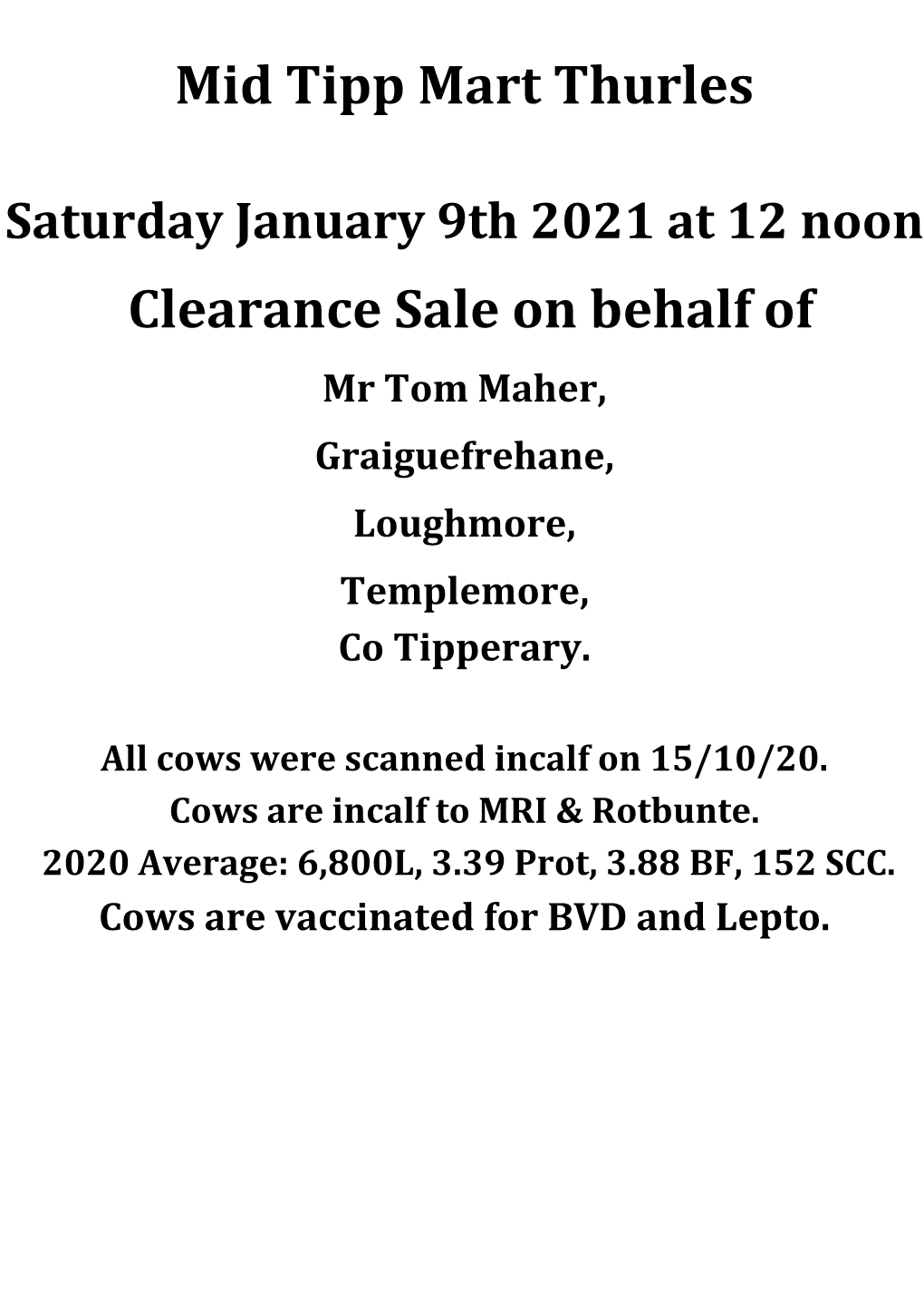 Mid Tipp Mart Thurles Clearance Sale on Behalf Of