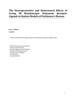 The Neuroprotective and Behavioural Effects of Group III Metabotropic Glutamate Receptor Ligands in Rodent Models of Parkinson’S Disease