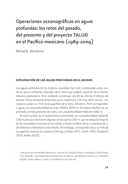 Operaciones Oceanográficas En Aguas Profundas: Los Retos Del Pasado, Del Presente Y Del Proyecto TALUD En El Pacífico Mexicano (1989-2009)