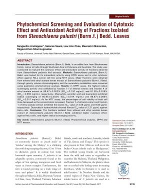 Phytochemical Screening and Evaluation of Cytotoxic Effect and Antioxidant Activity of Fractions Isolated from Stenochlaena Palustri (Burm.F.) Bedd