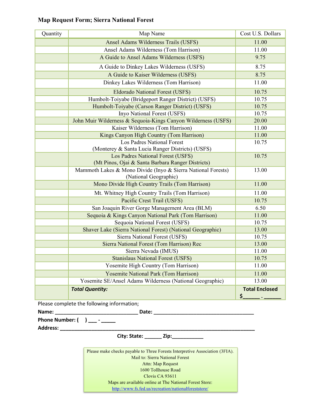 Map Request Form; Sierra National Forest