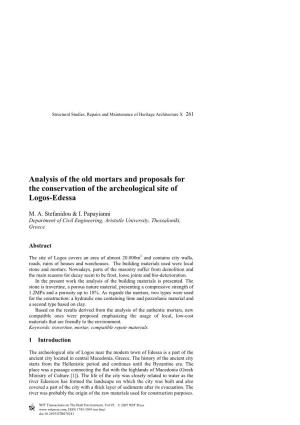 Analysis of the Old Mortars and Proposals for the Conservation of the Archeological Site of Logos-Edessa
