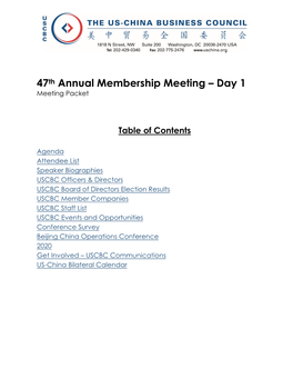 47Th Annual Membership Meeting – Day 1 Meeting Packet