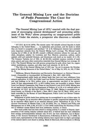 The General Mining Law and the Doctrine of Pedis Possessio: the Case for Congressional Action