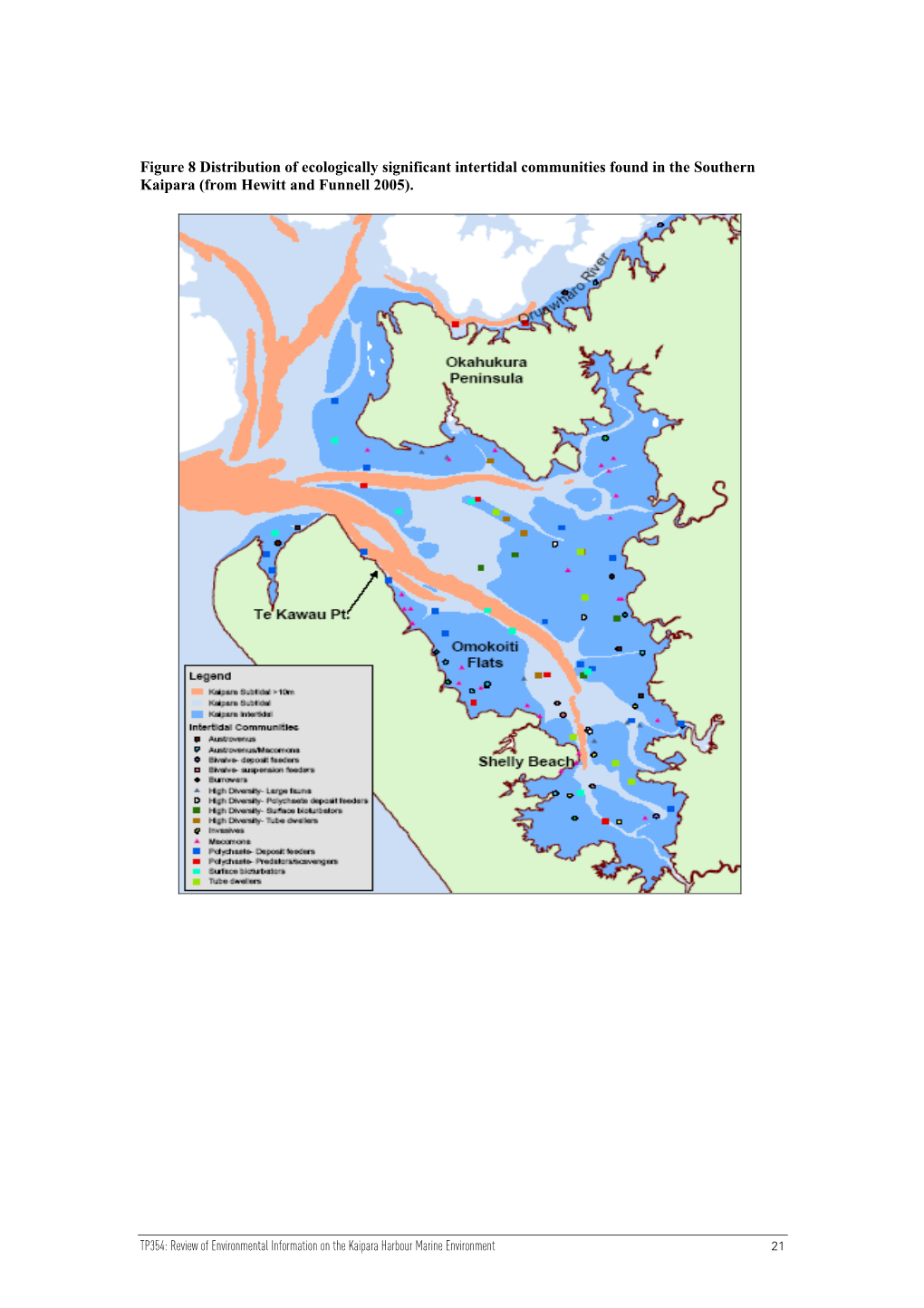 Figure 8 Distribution of Ecologically Significant Intertidal Communities Found in the Southern Kaipara (From Hewitt and Funnell 2005)