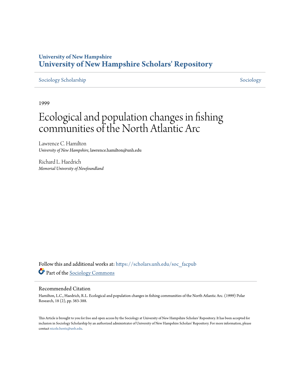 Ecological and Population Changes in Fishing Communities of the North Atlantic Arc Lawrence C