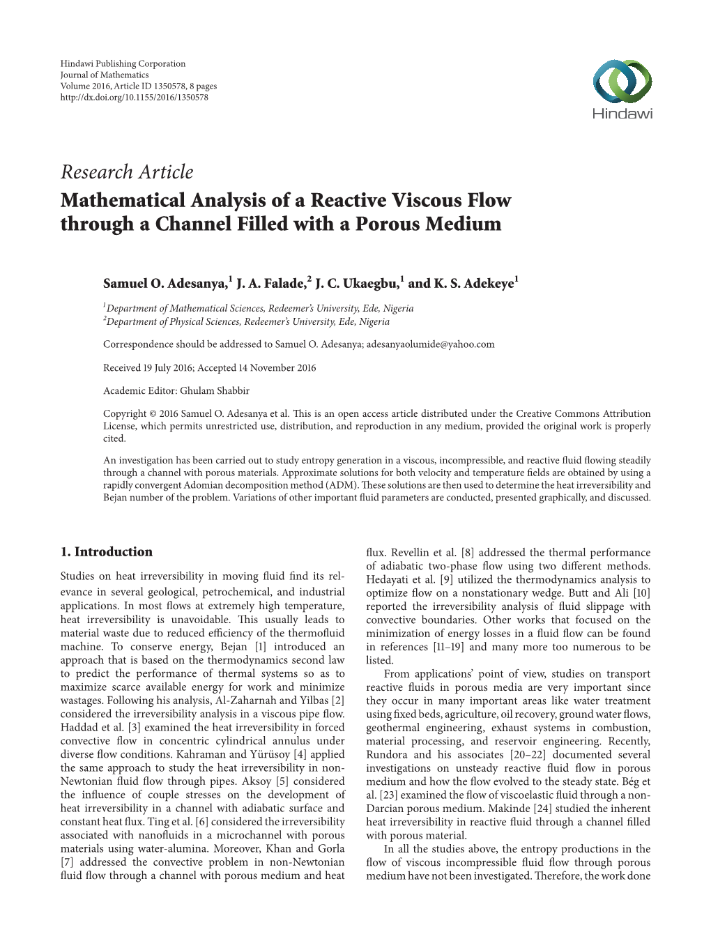 Research Article Mathematical Analysis of a Reactive Viscous Flow Through a Channel Filled with a Porous Medium