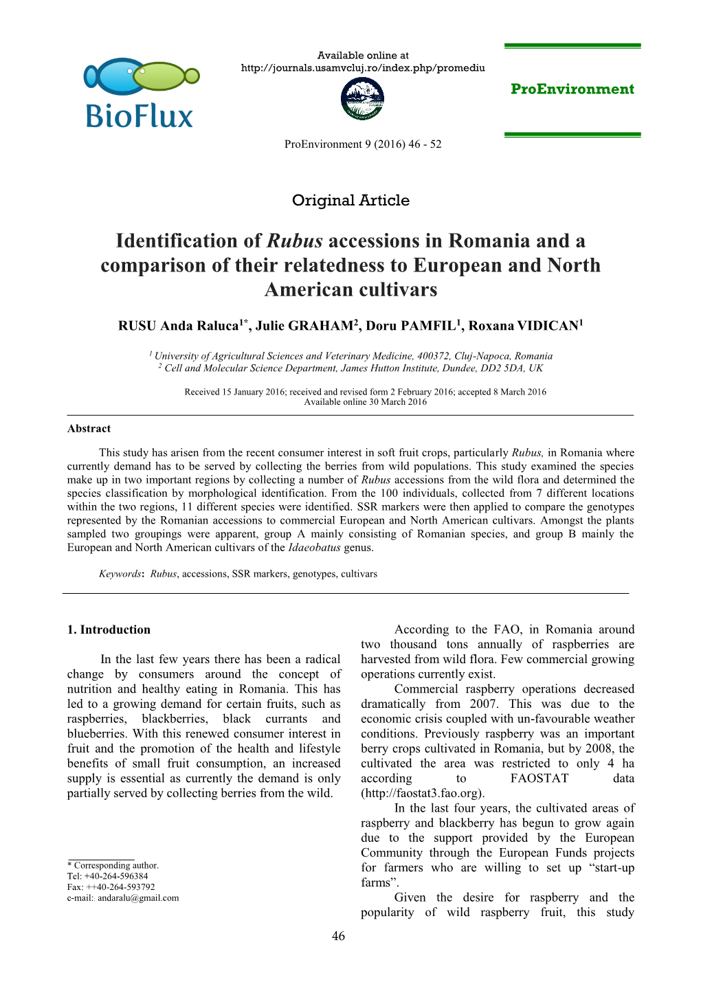 Identification of Rubus Accessions in Romania and a Comparison of Their Relatedness to European and North American Cultivars