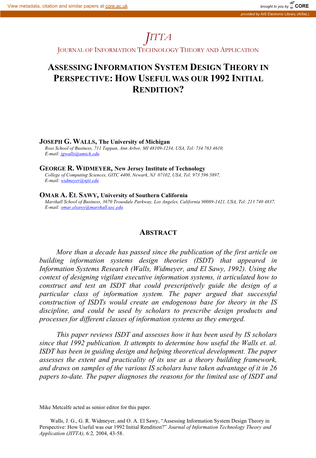 Assessing Information System Design Theory in Perspective: How Useful Was Our 1992 Initial Rendition?