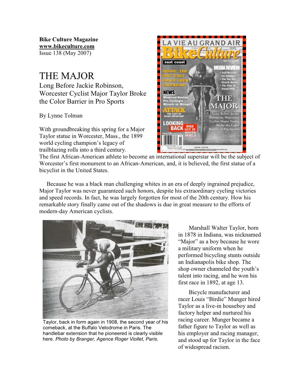 THE MAJOR Long Before Jackie Robinson, Worcester Cyclist Major Taylor Broke the Color Barrier in Pro Sports
