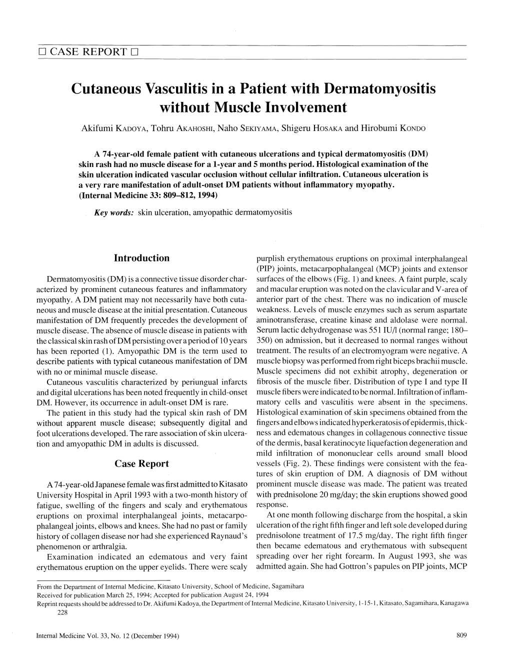 Cutaneousvasculitis in a Patient with Dermatomyositis Ithout Muscle Involvement