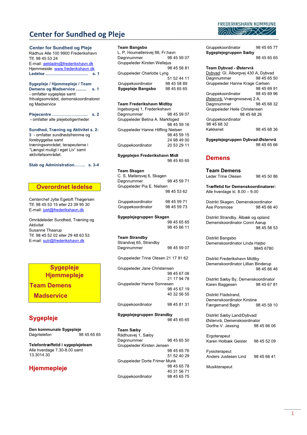 Telefonliste Sundhed Og Pleje Borger Juni 2018