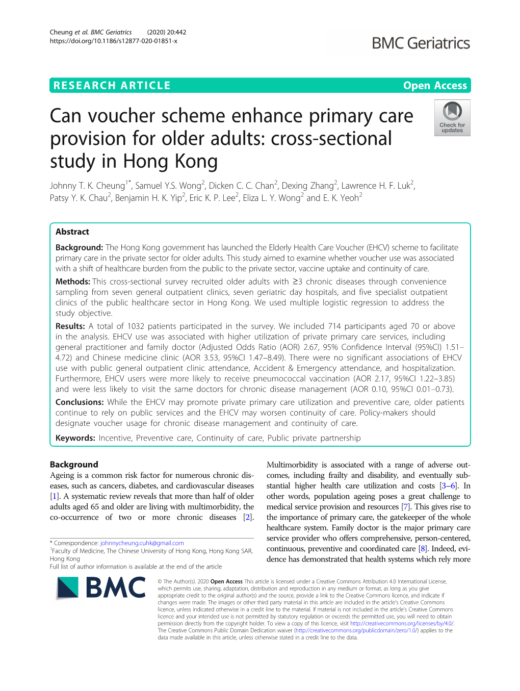 Can Voucher Scheme Enhance Primary Care Provision for Older Adults: Cross-Sectional Study in Hong Kong Johnny T