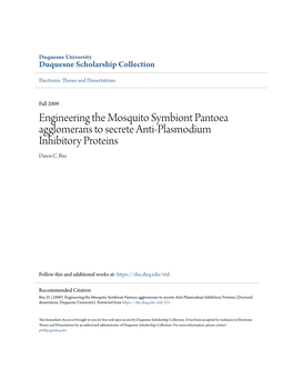 Engineering the Mosquito Symbiont Pantoea Agglomerans to Secrete Anti-Plasmodium Inhibitory Proteins Dawn C
