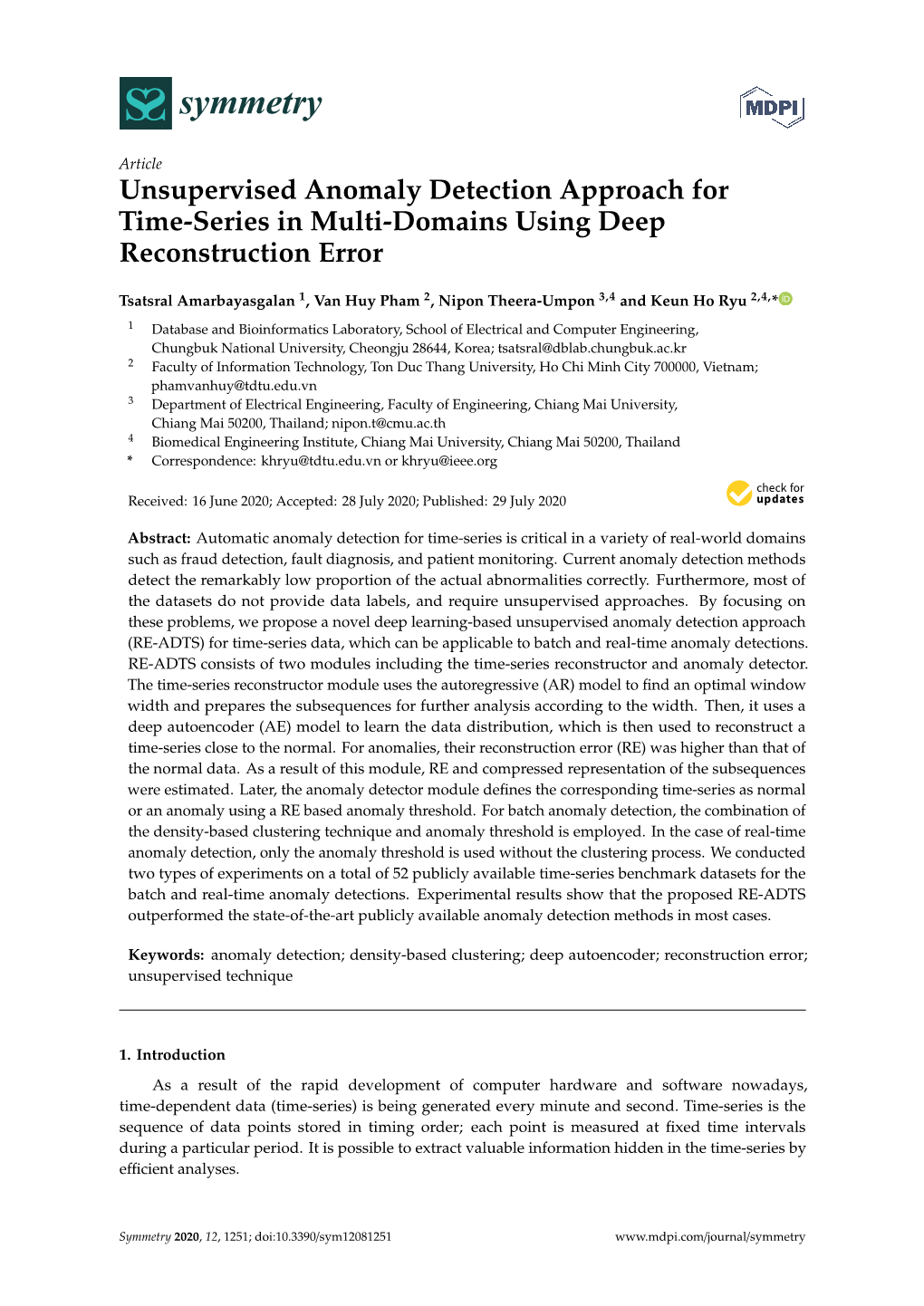 Unsupervised Anomaly Detection Approach for Time-Series in Multi-Domains Using Deep Reconstruction Error