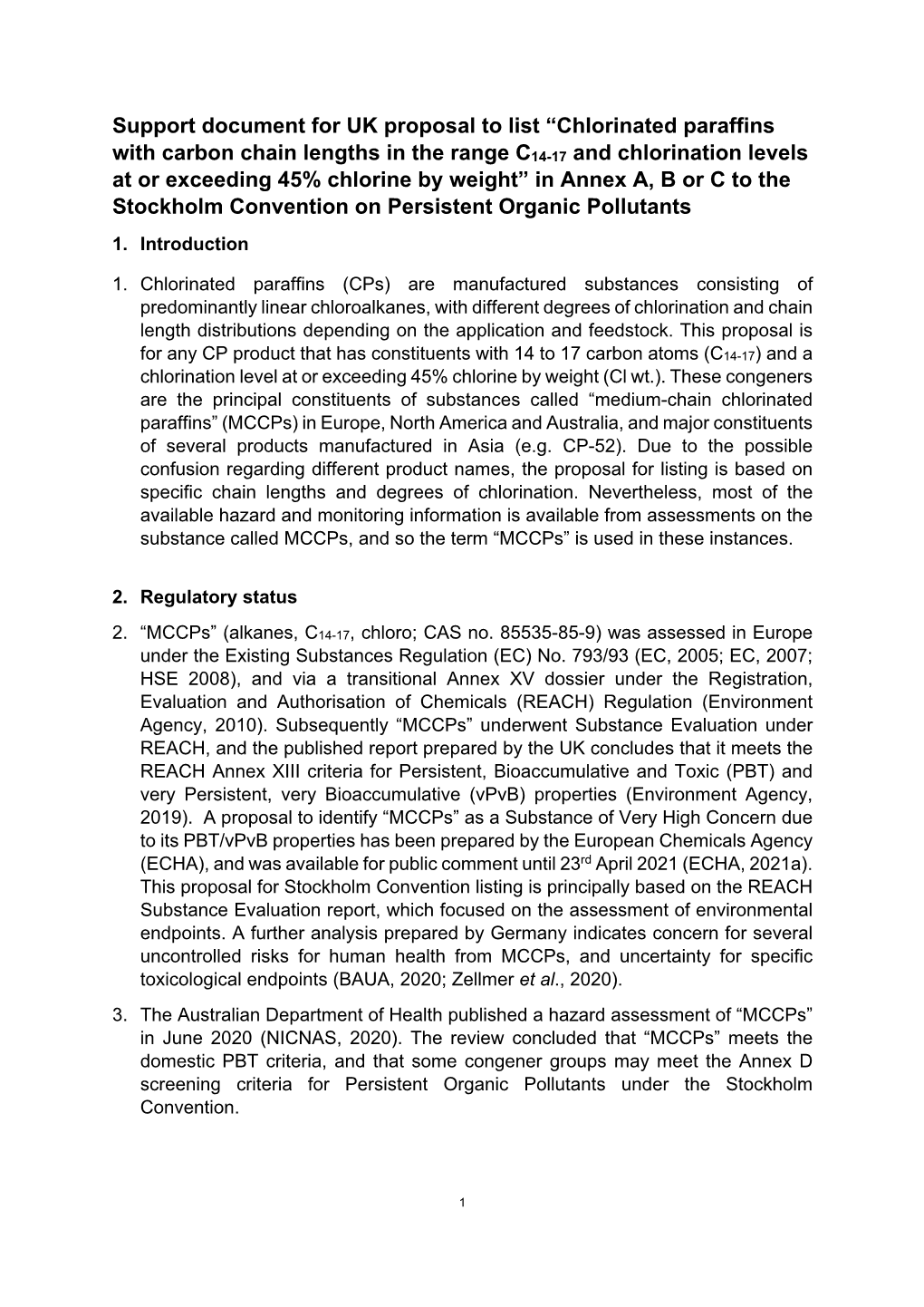 Support Document for UK Proposal to List “Chlorinated Paraffins With