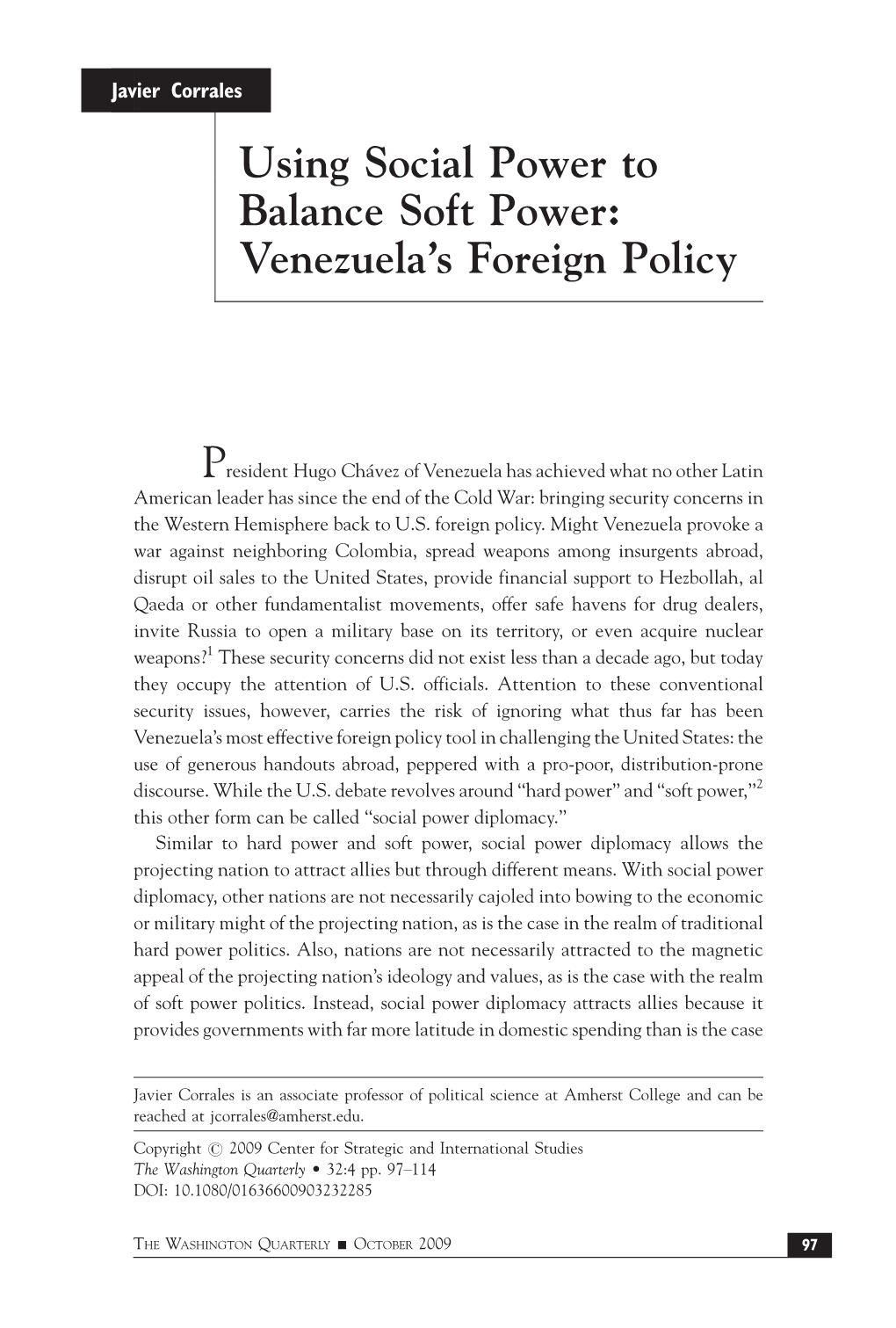 Using Social Power to Balance Soft Power: Venezuela's Foreign Policy