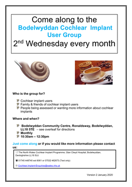 Come Along to the Bodelwyddan Cochlear Implant User Group 2Nd Wednesday Every Month