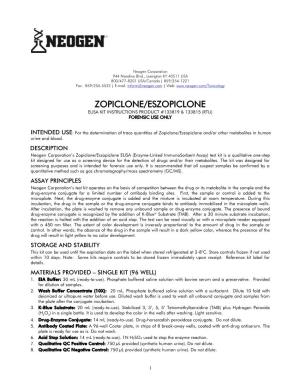 Zopiclone/Eszopiclone Elisa Kit Instructions Product #133819 & 133815 (Rtu) Forensic Use Only