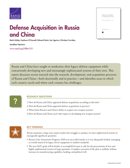 Defense Acquisition in Russia and China Mark Ashby, Caolionn O’Connell, Edward Geist, Jair Aguirre, Christian Curriden