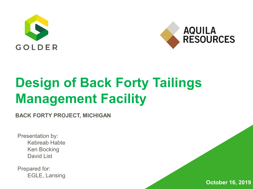 Design of Back Forty Tailings Management Facility