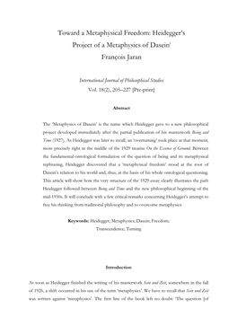 Heidegger's Project of a Metaphysics of Daseini François Jaran