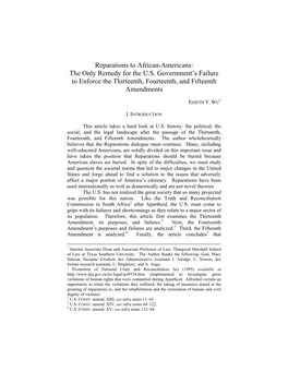 Reparations to African-Americans: the Only Remedy for the U.S. Government’S Failure to Enforce the Thirteenth, Fourteenth, and Fifteenth Amendments