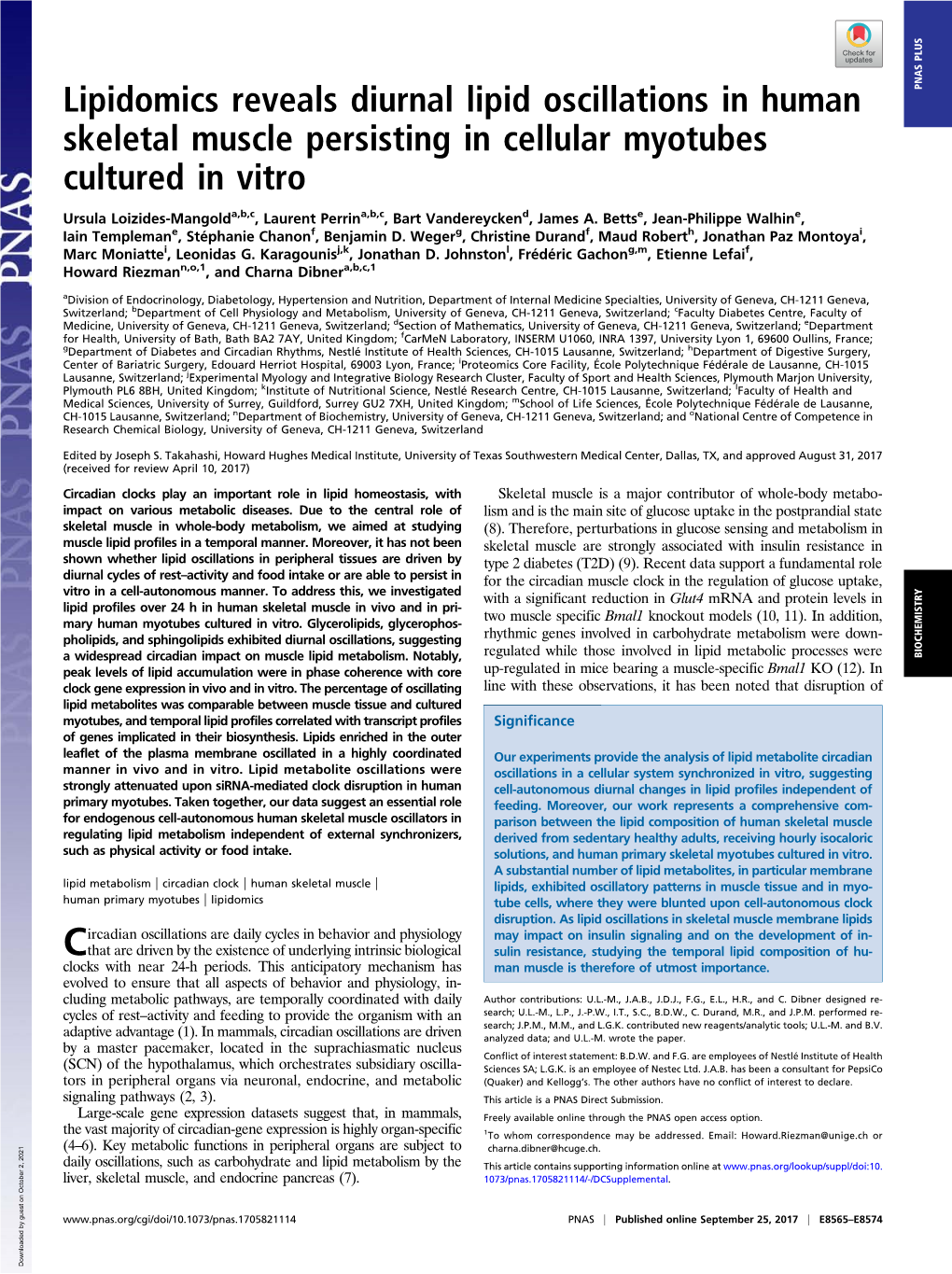 Lipidomics Reveals Diurnal Lipid Oscillations in Human Skeletal