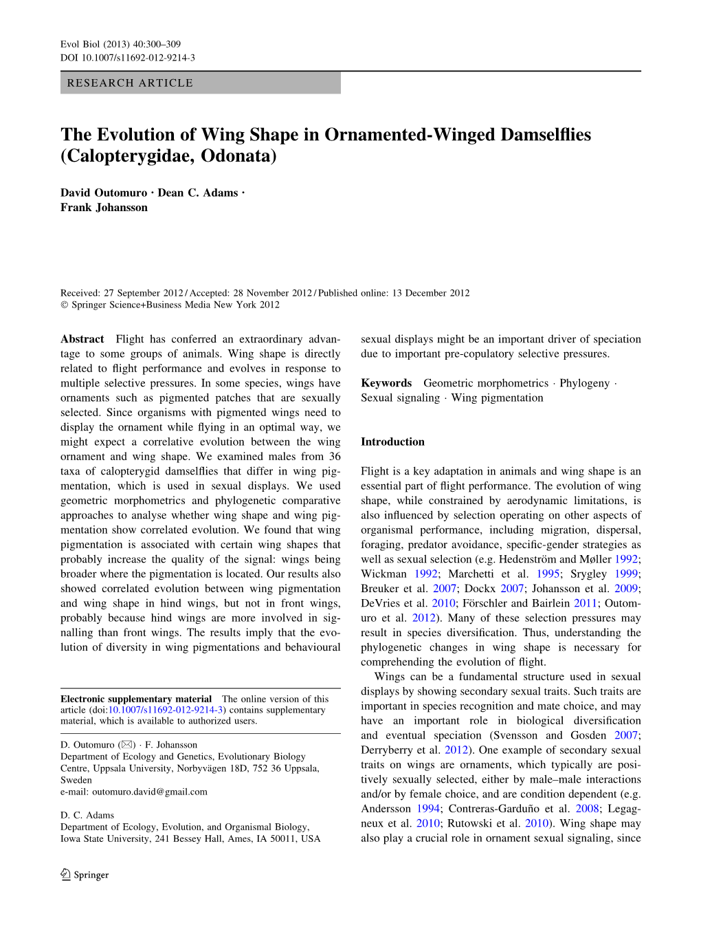 The Evolution of Wing Shape in Ornamented-Winged Damselflies
