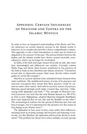 Certain Influences of Shaivism and Tantra on the Islamic Mystics