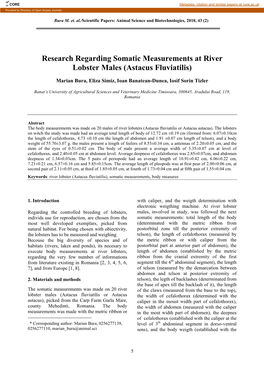 Research Regarding Somatic Measurements at River Lobster Males (Astacus Fluviatilis)