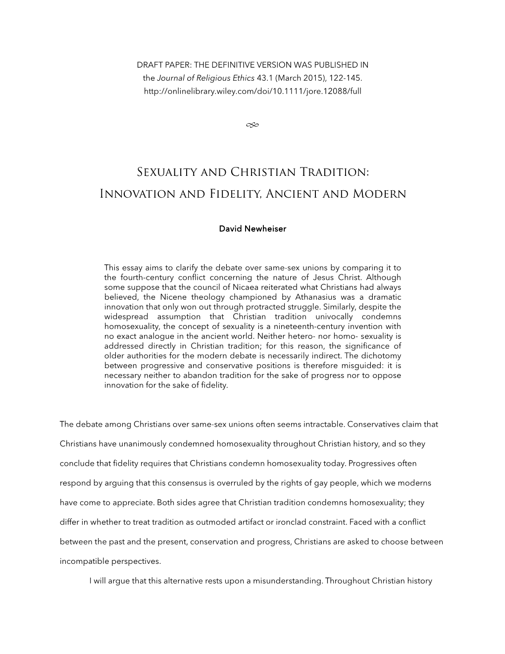 Sexuality and Christian Tradition: Innovation and Fidelity, Ancient and Modern