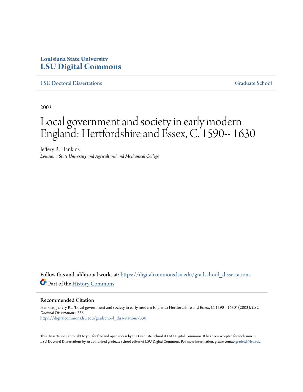 Local Government and Society in Early Modern England: Hertfordshire and Essex, C