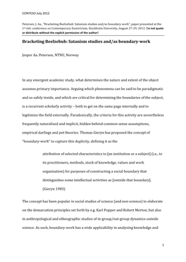 Bracketing Beelzebub: Satanism Studies And/As Boundary Work”, Paper Presented at the 1St Intl