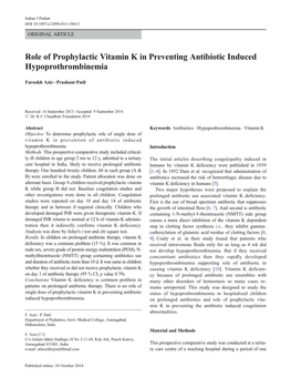 Role of Prophylactic Vitamin K in Preventing Antibiotic Induced Hypoprothrombinemia