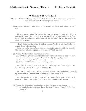Mathematics 4: Number Theory Problem Sheet 3 Workshop 26 Oct