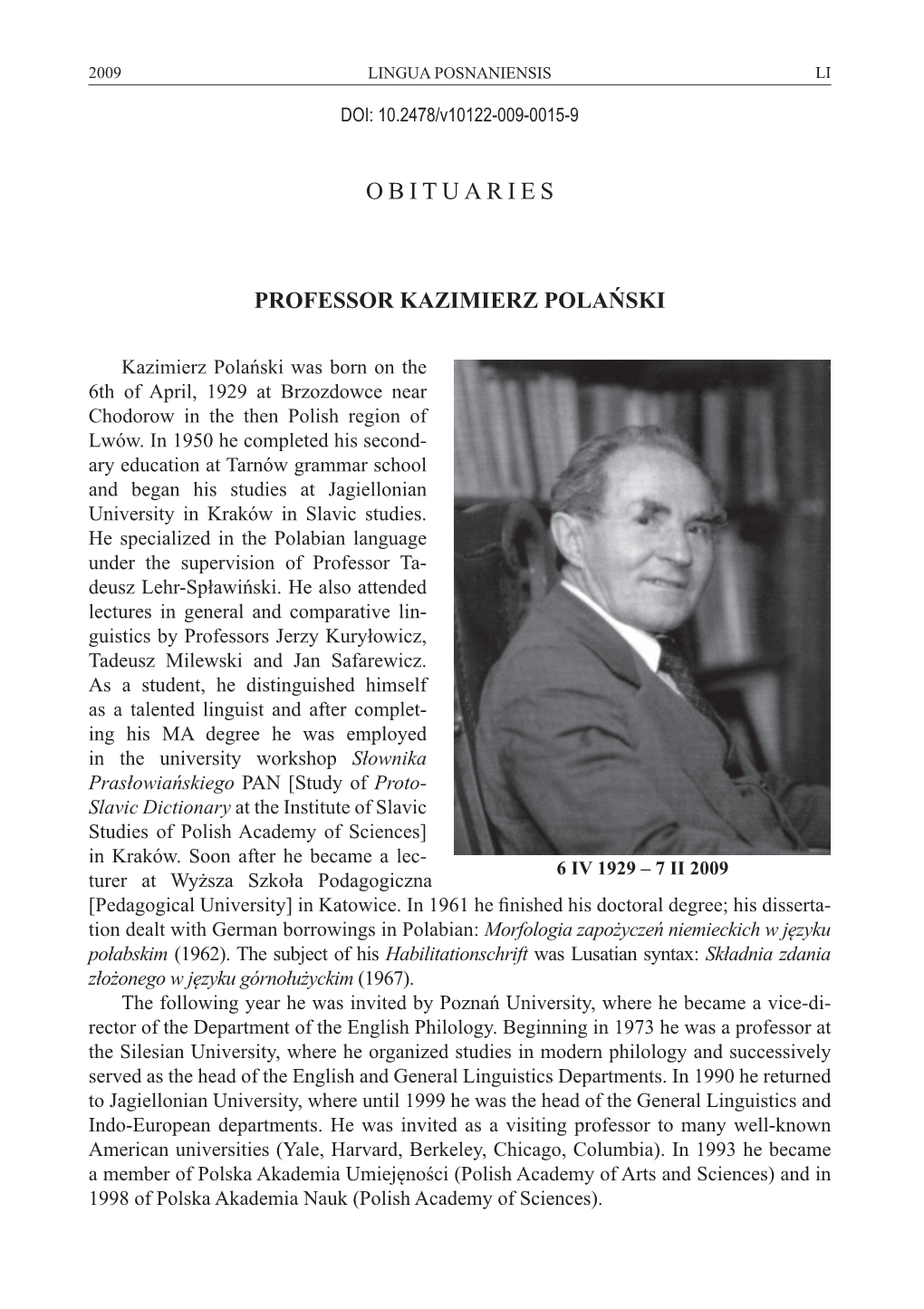 Obituaries Professor Kazimierz Polański