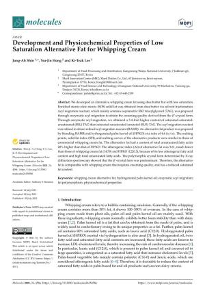 Development and Physicochemical Properties of Low Saturation Alternative Fat for Whipping Cream