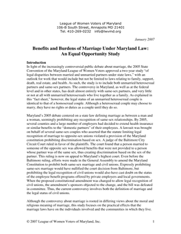 Benefits and Burdens of Marriage Under Maryland Law: an Equal Opportunity Study