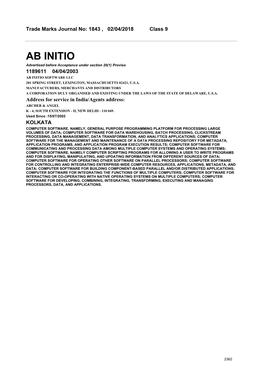 AB INITIO Advertised Before Acceptance Under Section 20(1) Proviso 1189611 04/04/2003 AB INITIO SOFTWARE LLC 201 SPRING STREET, LEXINGTON, MASSACHUSETTS 02421, U.S.A