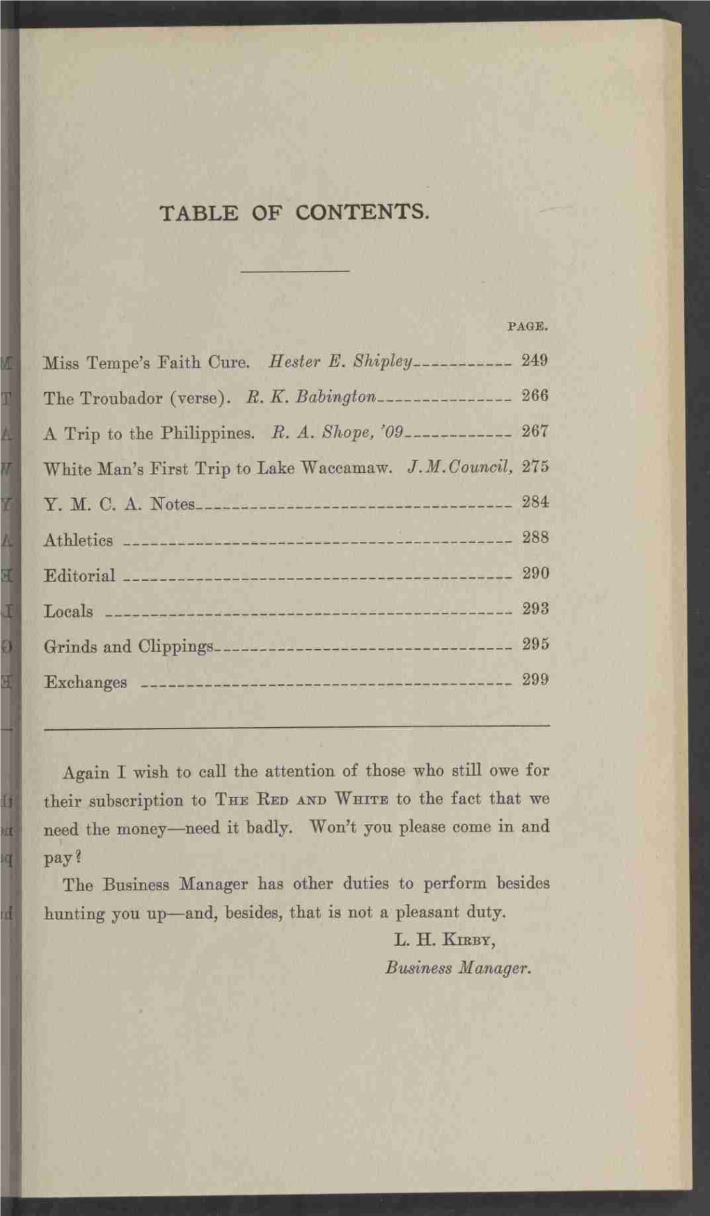 TABLE of CONTENTS. PAGE. Miss Tempe's Faith Cure. Hester E
