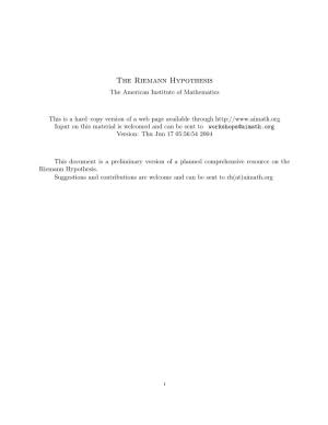The Riemann Hypothesis the American Institute of Mathematics