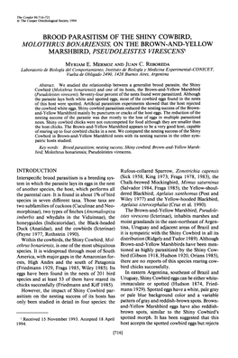 Brood Parasitism of the Shiny Cowbird, Molothrus Bonariensis, on the Brown-And-Yellow Marshbird, Pseudoleistes Virescens