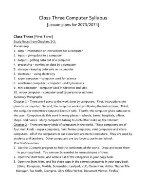 Class Three Computer Syllabus [Lesson Plans for 2073/2074]