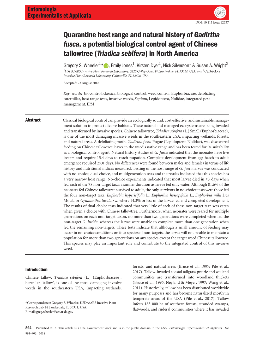 Quarantine Host Range and Natural History of Gadirtha Fusca, a Potential Biological Control Agent of Chinese Tallowtree (Triadica Sebifera) in North America