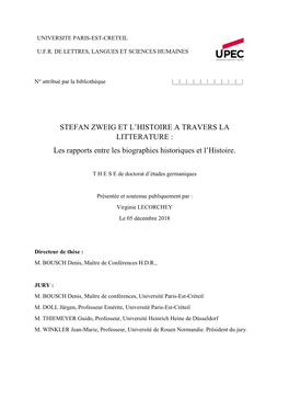 Stefan Zweig Et L'histoire a Travers La Litterature