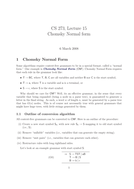 CS 273, Lecture 15 Chomsky Normal Form