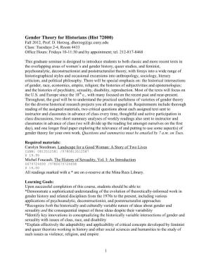 Gender Theory for Historians (Hist 72000) Fall 2012, Prof