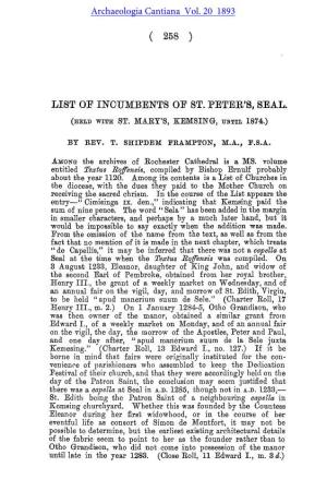 List of Incumbents of St Peter's, Seal (With